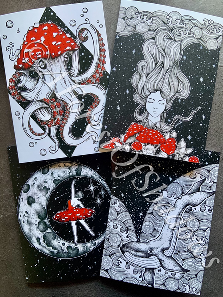 Amanita Muscaria Pack of Four Greetings Cards.