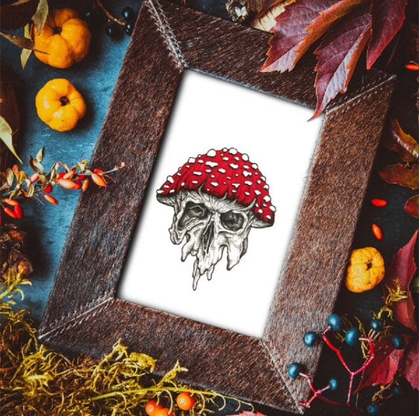 Magic Mushroom Skull Art Print | Psychedelic Trippy Art | Fungi Wall Print | Amanita Muscaria Illustration | Fly Agaric Decor