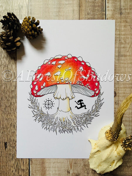 Ancient Muscaria A4 Art Print | amanita Muscaria magic mushroom art | pagan fungi print | world tree wall art | botanical illustration