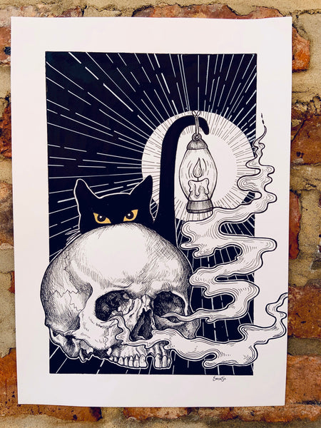 Black Cat and Skull Original Pen Illustration | witchy wall art | Gothic home decor | Victorian style