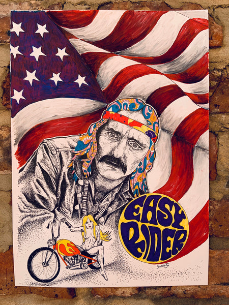 Dennis Hopper Original A3 Illustration | Easy Rider movie art | Psychedelic Trippy Wall Art | Boho Hippie Home Decor