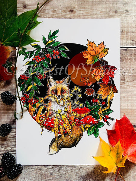 Autumn Fox Foil Print | mushroom art | botanical Fall wall art | fungi print | nature lovers | rustic boho decor | metallic art print