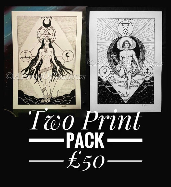 Lucifer and Lilith Two Pack A3 Art Prints | occult witchy art | black and white illustration | pagan dark art poster | gothic home decor