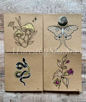 Pack of 4 Hand Drawn Greetings Cards | witchy art | mushroom botanical art | Luna moth full moon | Birthday Friend Blank Thank You New Home