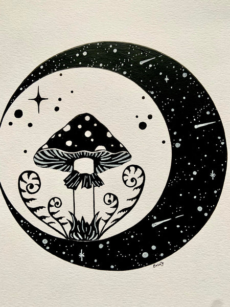 Mushroom Moon Original Pen Artwork | witchy botanical art | Amanita fungi wall art | nature fungi lovers gift | gifts for witches