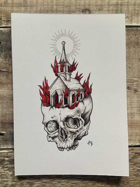Church Burner A5 Art Print | black metal art | skull gothic wall art | Norwegian black metal | pagan witchy atheist satanic