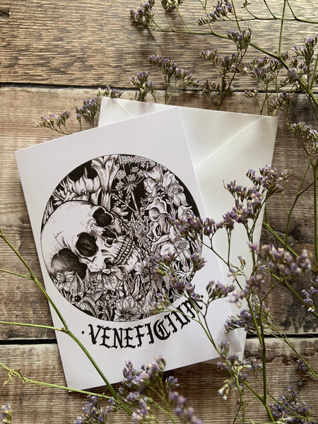 Veneficium Greetings Card | witchy skull art | botanical pen illustration | pagan occult dark art | blank birthday friends thank you