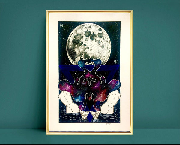 Full Moon in Pisces Original Art | witchy art | astrology zodiac wall art | pen and ink | pagan home decor | spiritual gifts
