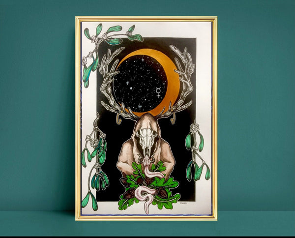 Cernunnos Foiled A4 Art Print | witchy gothic art | Celtic wall art | pagan Wicca occult home decor | horned god Pan illustration | Druid