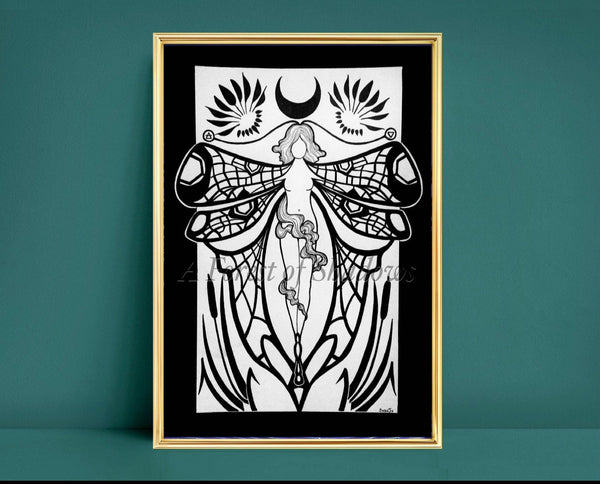 Dragonfly Goddess Original A3 Artwork | witchy art nouveau wall art | black and white illustration | gifts for witches | pagan Wicca decor