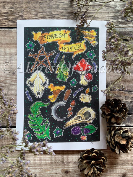 Forest Witch Aesthetic A5 Art Print | witchy cottagecore decor | mushroom fungi art print | autumn forest wall art | woodland nature home