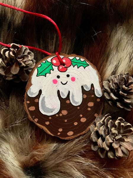 Hand Painted Christmas Pudding Decoration | wood slice art | cute quirky bauble | novelty food decor