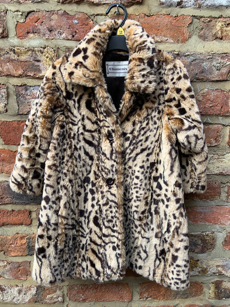 Vintage 1970s Faux Fur Child’s Coat, Leopard print, swing coat