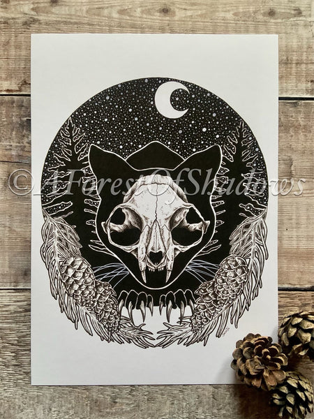 Jolakotturinn Yule Cat A4 Art Print | Folklore Art | Pagan Witchy Gothic Art | skull illustration | cat lovers gift | Scandi home decor