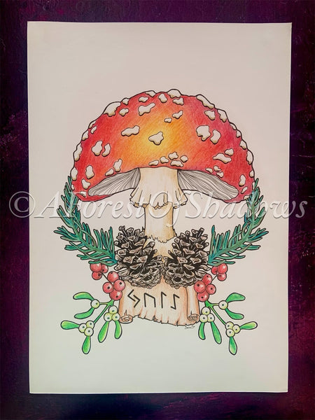 Amanita Yule Pagan Original Artwork, mushroom wall art