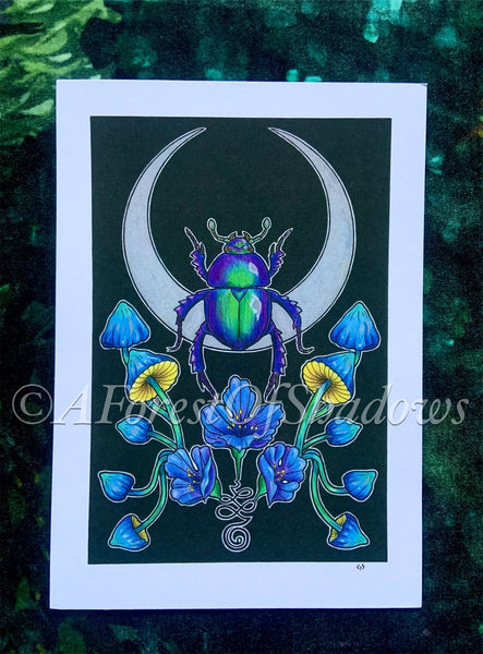Insectium Scarab Beetle Moon A5 Art Print | witchy decor | mushroom art | art nouveau wall print | fungi lovers gift | floral boho decor