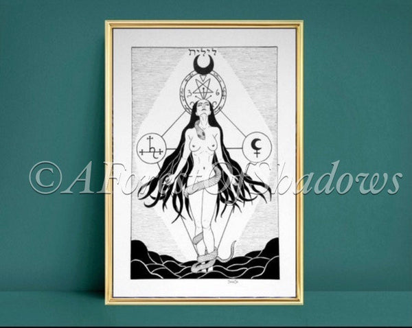 Lilith A5 Print | Occult Witchy Art | Feminist Wall Art | Goddess Print | Black and White Illustration