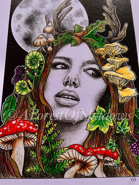 Dryad Pagan Goddess A4 Art Print | mushroom art | full moon print | botanical wall art | tree spirit deer goddess | woodland | Celtic art