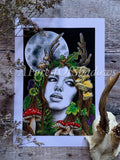 Dryad Pagan Goddess A4 Art Print | mushroom art | full moon print | botanical wall art | tree spirit deer goddess | woodland | Celtic art