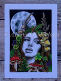 Dryad Pagan Goddess A4 Art Print | mushroom art | full moon print | botanical wall art | tree spirit deer goddess | woodland | Celtic art