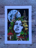 Dryad Pagan Goddess A4 Art Print | mushroom art | full moon print | botanical wall art | tree spirit deer goddess | woodland | Celtic art