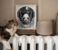 Jolakotturinn Yule Cat A4 Art Print | Folklore Art | Pagan Witchy Gothic Art | skull illustration | cat lovers gift | Scandi home decor