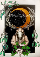 Cernunnos Foiled A4 Art Print | witchy gothic art | Celtic wall art | pagan Wicca occult home decor | horned god Pan illustration | Druid