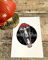 Tripsitter A5 Art Print | magic mushroom art | psychedelic fungi wall art | cottagecore art | celestial cat hot air balloon illustration