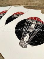 Tripsitter A5 Art Print | magic mushroom art | psychedelic fungi wall art | cottagecore art | celestial cat hot air balloon illustration