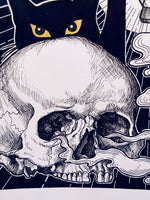 Black Cat and Skull Original Pen Illustration | witchy wall art | Gothic home decor | Victorian style