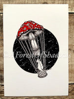 Tripsitter A5 Art Print | magic mushroom art | psychedelic fungi wall art | cottagecore art | celestial cat hot air balloon illustration