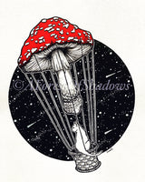 Tripsitter A5 Art Print | magic mushroom art | psychedelic fungi wall art | cottagecore art | celestial cat hot air balloon illustration