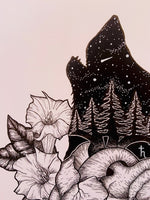 Wolf Heart Original A3 Art Work | witchy botanical art | pen illustration | anatomical heart wall art | pagan gothic occult decor