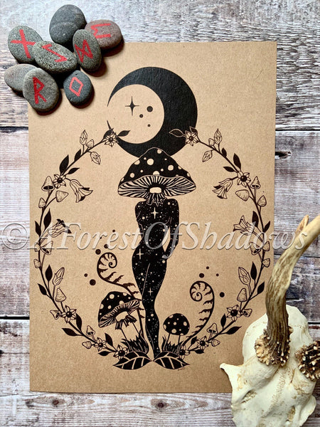 Moon Mushroom Magick A4 Print | witchy fungi art | Amanita Muscaria botanical illustration | wildlife nature lovers | Boho cottagecore decor