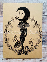 Moon Mushroom Magick A4 Print | witchy fungi art | Amanita Muscaria botanical illustration | wildlife nature lovers | Boho cottagecore decor