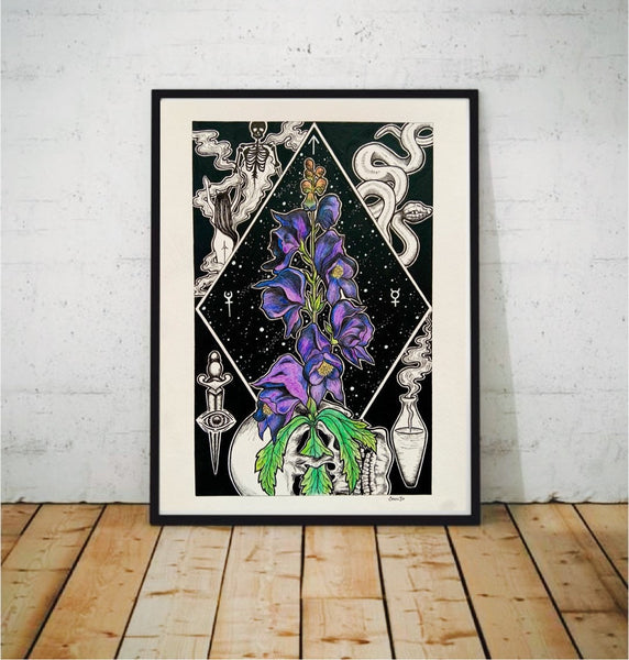 Aconite Original Art, botanical art, witchy art, occult art