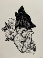 Wolf Heart Original A3 Art Work | witchy botanical art | pen illustration | anatomical heart wall art | pagan gothic occult decor