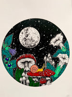 Moon Magick Original Art, witchy art, magic mushroom art, fungi drawing, cottagecore wall decor