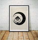 Mushroom Moon Original Pen Artwork | witchy botanical art | Amanita fungi wall art | nature fungi lovers gift | gifts for witches