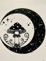 Mushroom Moon Original Pen Artwork | witchy botanical art | Amanita fungi wall art | nature fungi lovers gift | gifts for witches
