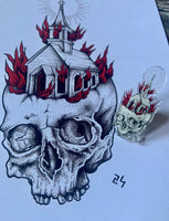 Church Burner A5 Art Print and Pin Badge Bundle | Norwegian black metal | gothic skull art | dark occult pagan
