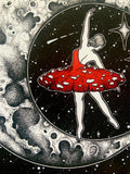 Amanita Ballerina A5 Art Print | witchy mushroom art | full moon celestial wall decor | fungi lovers print | inspirational wall art