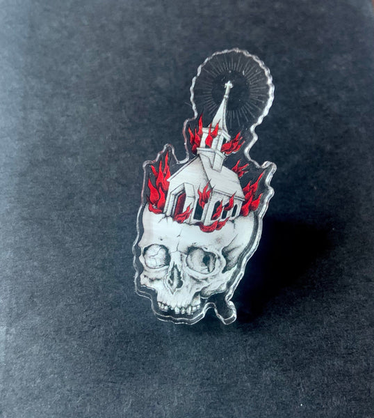 Black Metal Church Burner Pin Badge, occult pin, witchy pin, skull pin