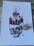 Church Burner A5 Art Print and Pin Badge Bundle | Norwegian black metal | gothic skull art | dark occult pagan