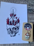 Church Burner A5 Art Print and Pin Badge Bundle | Norwegian black metal | gothic skull art | dark occult pagan