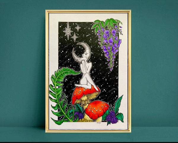Lady Luna A4 Art Print | moon art | magic mushroom fungi print | cottagecore wall art | fungi lovers gift | botanical floral illustration