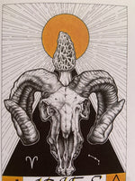 Aries Greeting Card | rams skull zodiac card | mushroom witchy art | biological skull illustration | occult oracle card