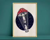 Tripsitter A5 Art Print | magic mushroom art | psychedelic fungi wall art | cottagecore art | celestial cat hot air balloon illustration
