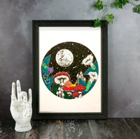 Moon Magick Original Art, witchy art, magic mushroom art, fungi drawing, cottagecore wall decor