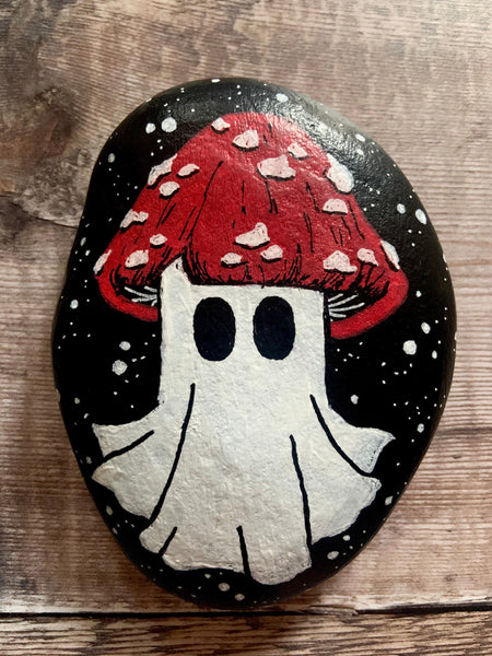 Hand Painted Mushroom Ghost Pebble | Halloween home decor | mushroom cottagecore art | Fun quirky bold paperweight